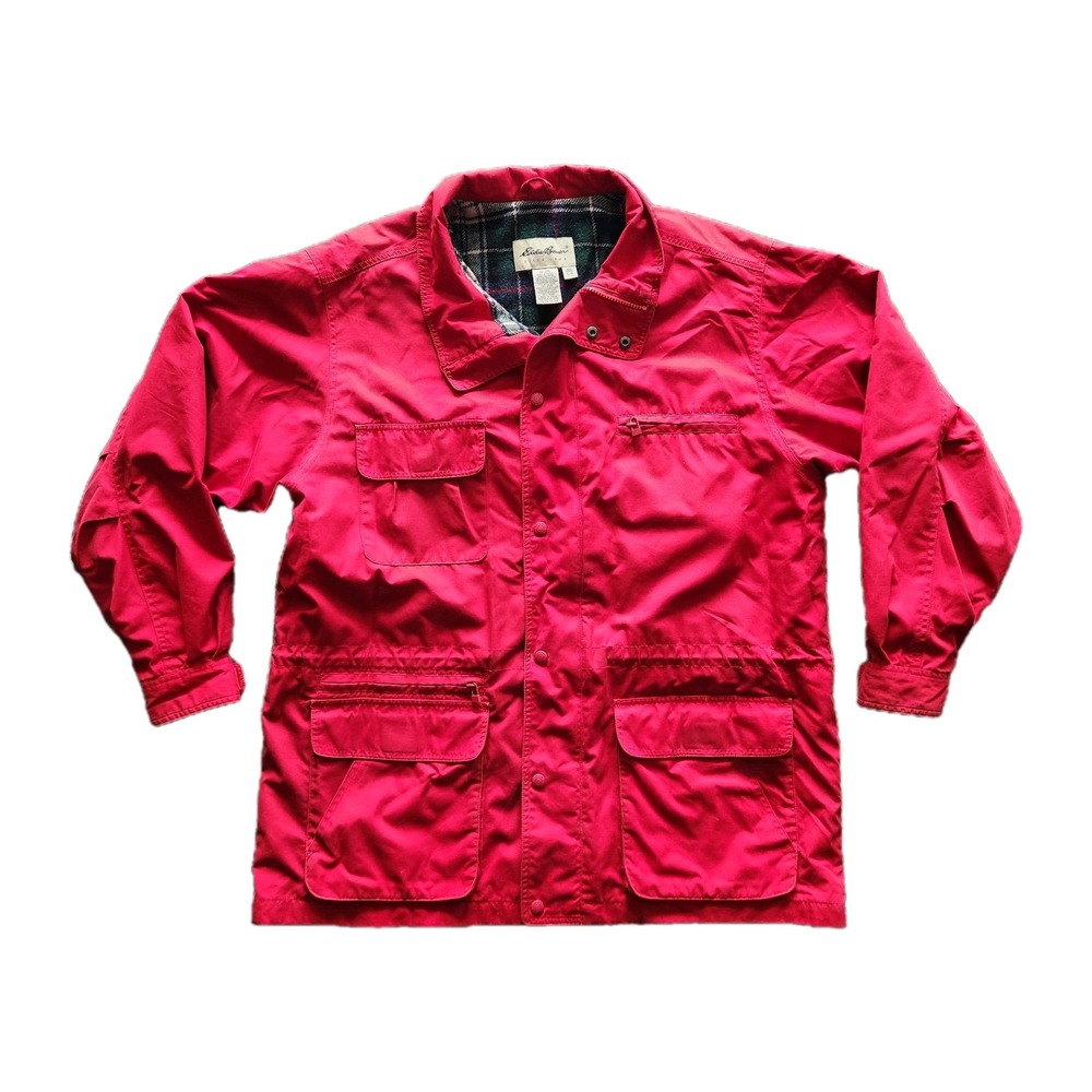 Vtg Eddie Bauer Red Plaid Lined Field Jacket Womens L Cargo Pockets Outdoors